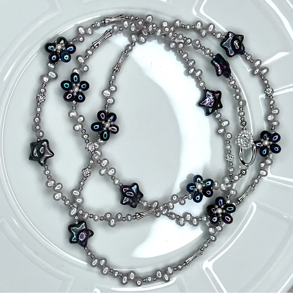 Handmade Freshwater Silvery Gray Peacock Flower 🌺 Star  Pearl Ex Long Necklace - Picture 3 of 5